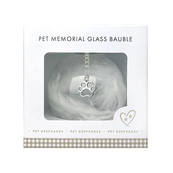 Oh So Precious Pet Memorial Feather Filled Glass Bauble with Paw Print Charm